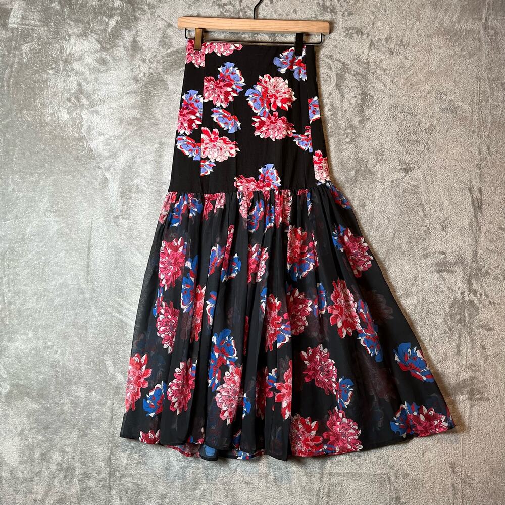 Free People Mermaid Floral Chiffon Maxi Skirt XS Black Sheer Boho Romantic New
